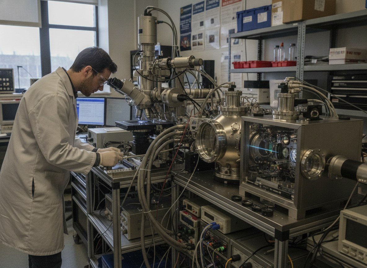 Il·lustració editorial de Físics austríacs connecten un microscopi electrònic a un ordinador quàntic per «veure» mostres biològiques amb molts menys electrons