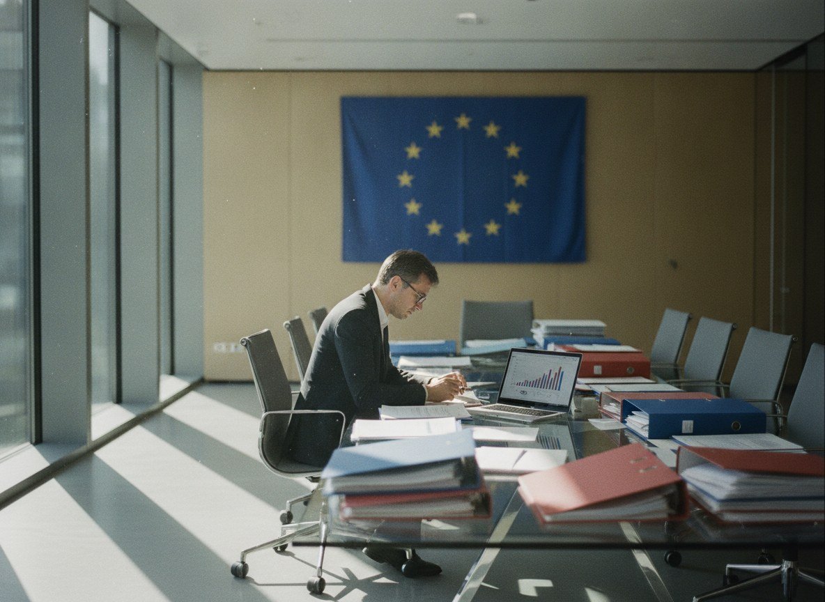 Il·lustració editorial de L'Oficina Europea d'IA envia les primeres peticions formals d'informació a OpenAI, Anthropic i Google sota la llei d'IA