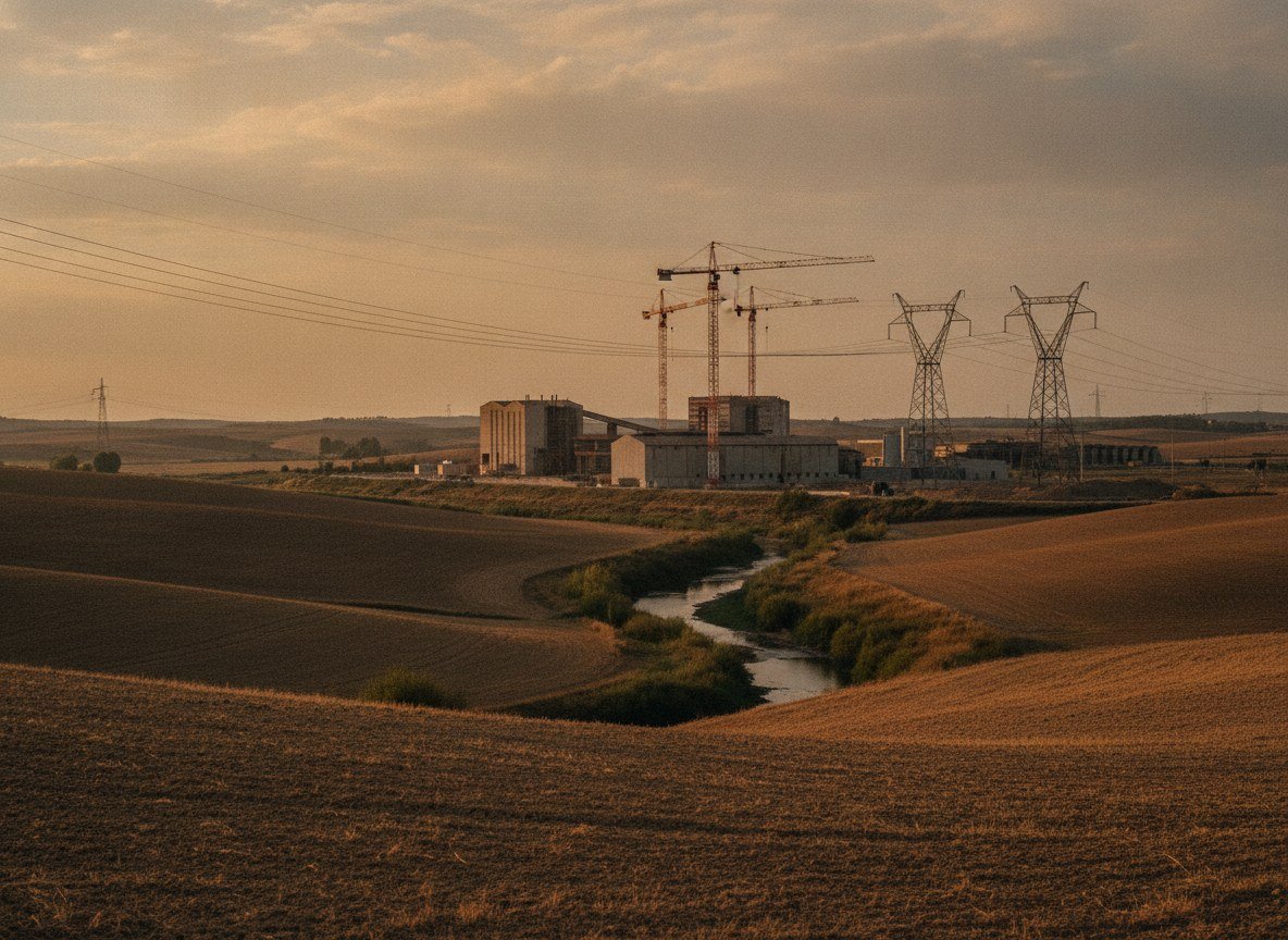 Il·lustració editorial de Brussel·les obre la convocatòria de set gigafactories d'IA amb 10.000 milions d'euros i Móra la Nova hi torna a optar