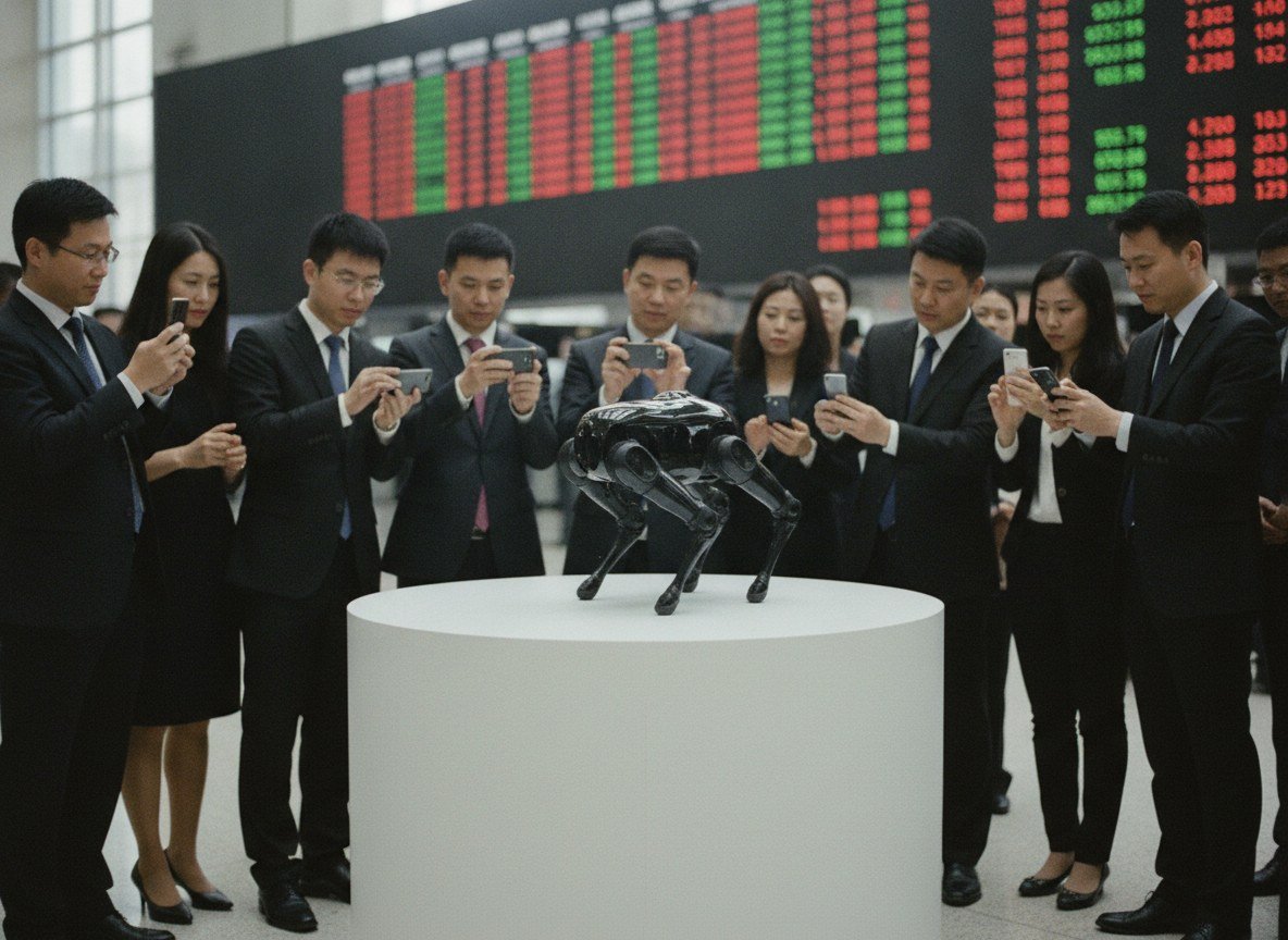 Il·lustració editorial de Unitree Robotics debuta a la borsa de Shanghai amb una demanda 8.000 vegades superior a l'oferta, en plena febre pels robots humanoides xinesos
