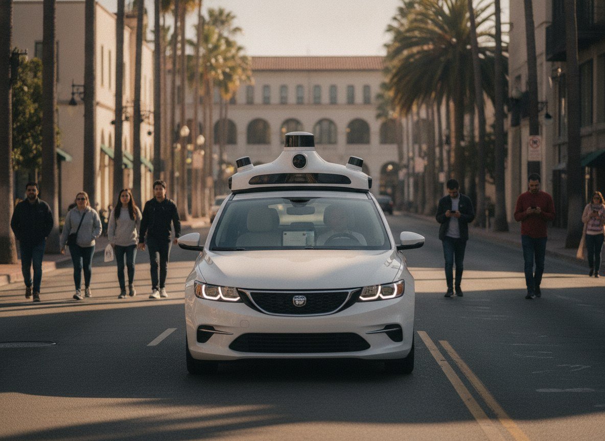 Il·lustració editorial de Waymo aconsegueix llum verda per operar robotaxis sense conductor en 18 comtats de Califòrnia, de Sonoma a San Diego
