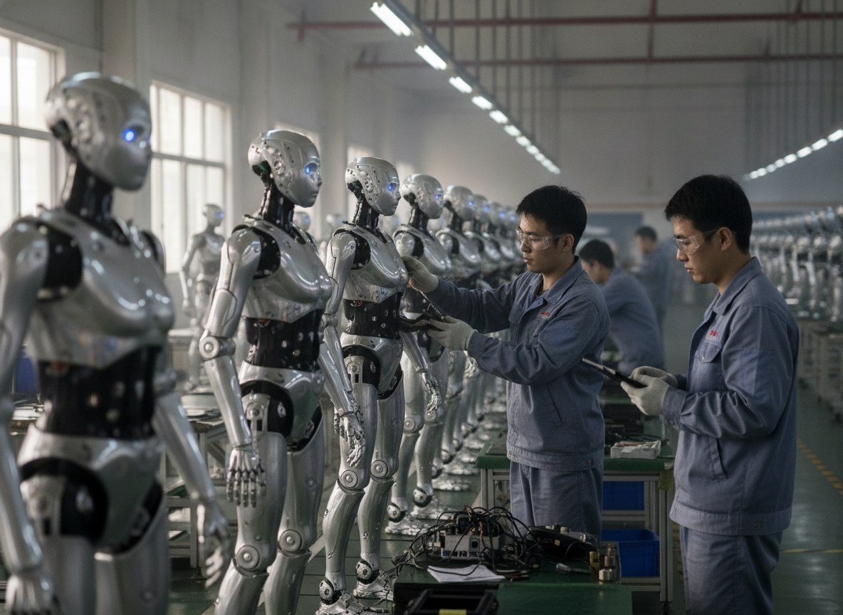 Il·lustració editorial de Els fabricants xinesos ja concentren el 97% dels robots humanoides venuts al món, segons un nou informe
